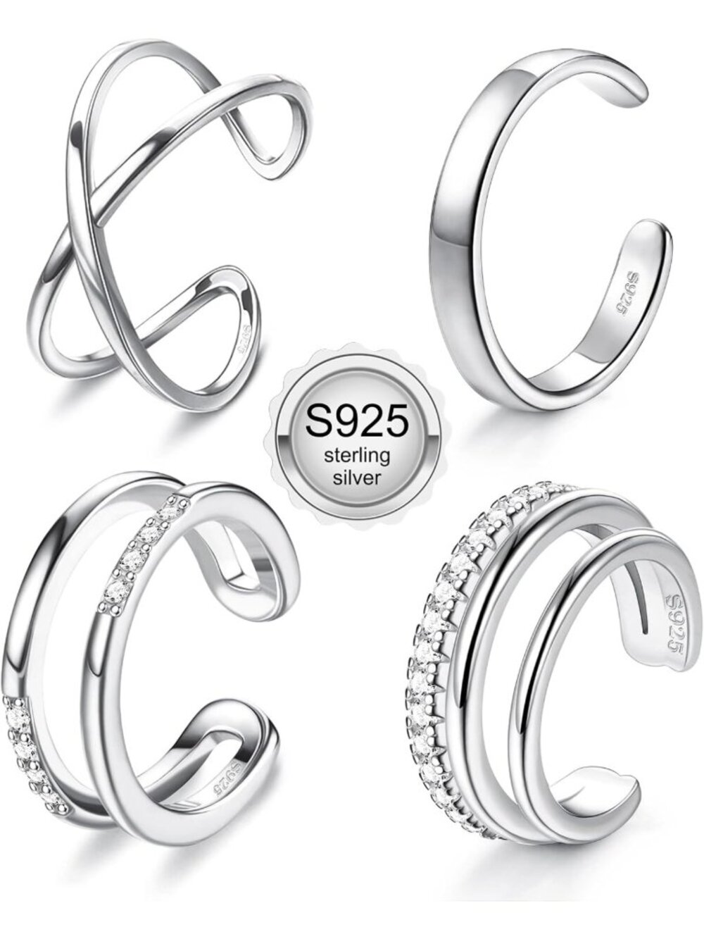 4 Pcs Adjustable Non-Piercing Sterling Silver Ear Cuffs for Women - Clip-On
